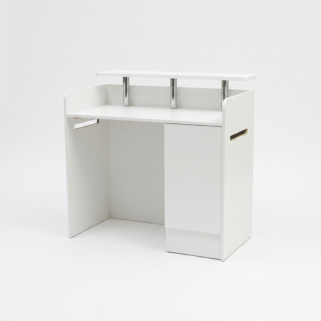 White reception desk with a raised shelf supported by chrome posts and side panels for storage on the right side.