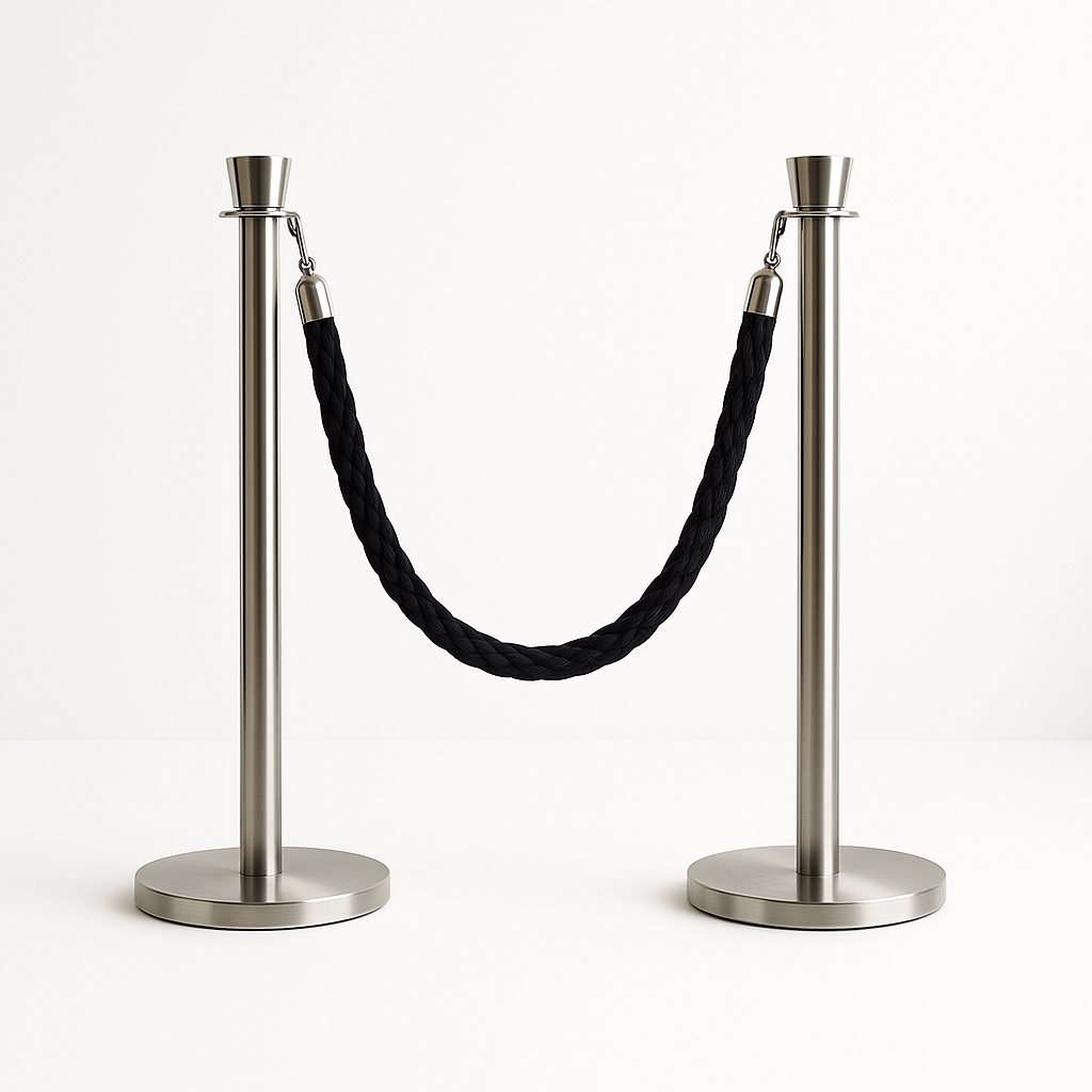 Two stainless steel crowd-control stanchions connected by a black rope, forming a U-shaped barrier.