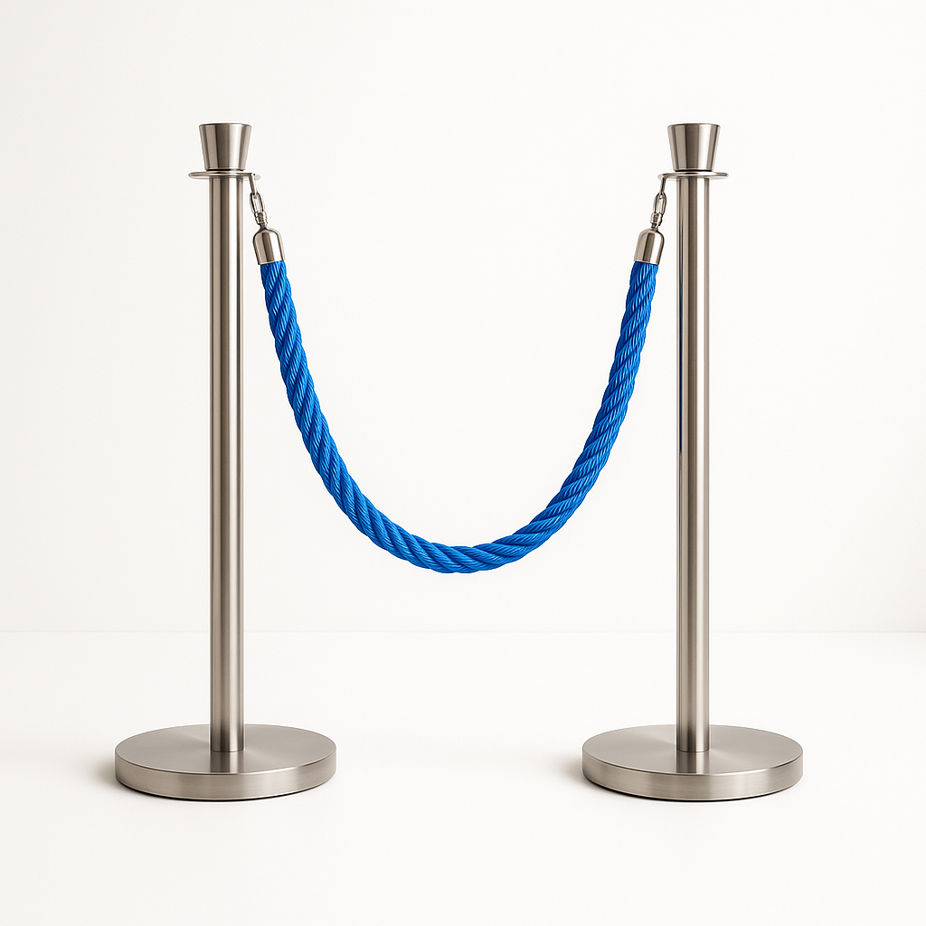Two stainless steel stanchions connected by a blue rope barrier forming a curved line between them.