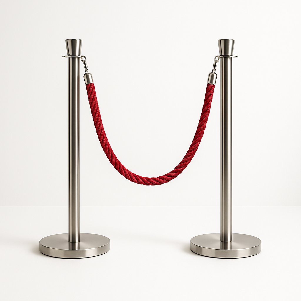 Two stainless steel stanchions connected by a red rope barrier forming a U-shape in an empty space, like a VIP queue line.
