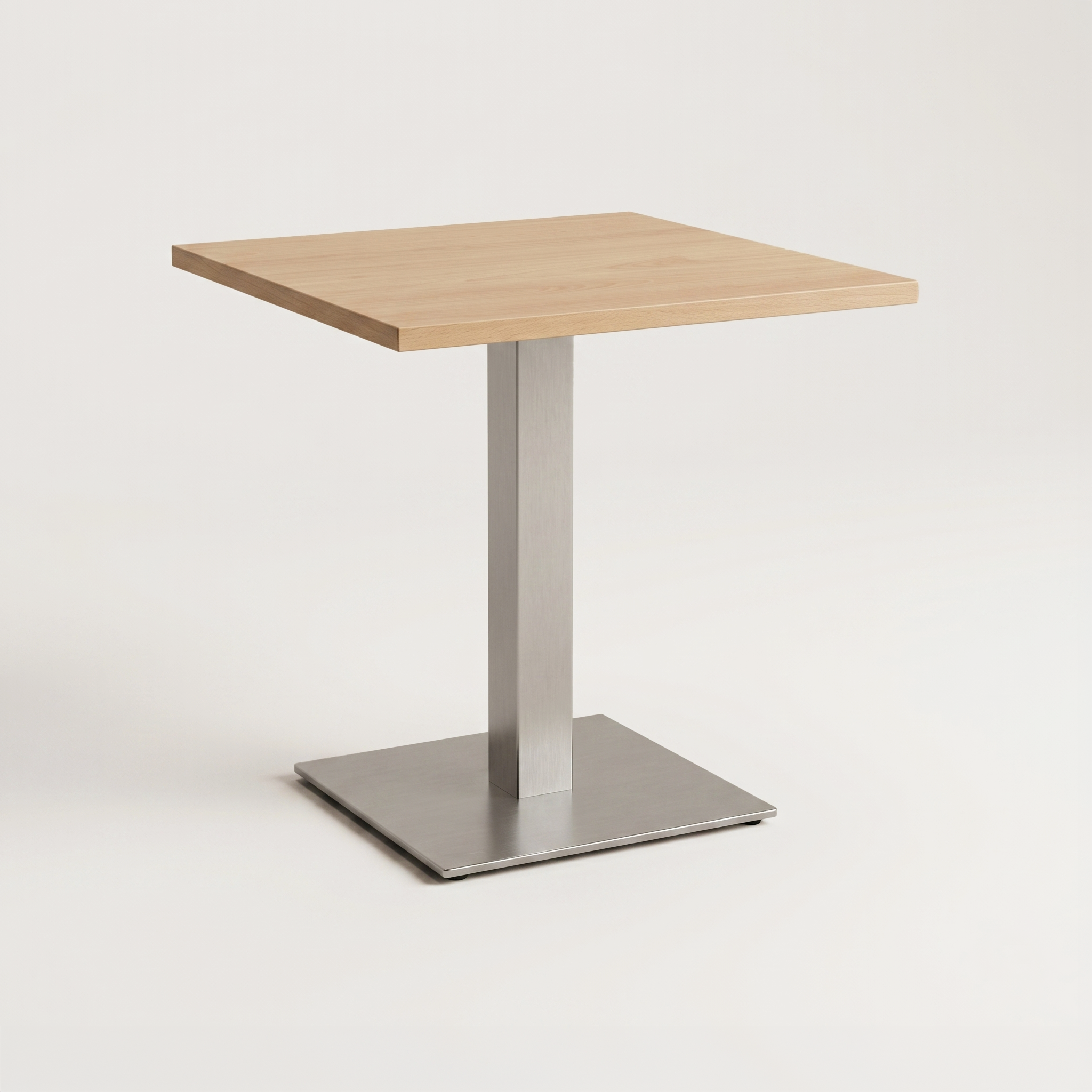 Rectangular wooden tabletop with a metal pedestal base and square metal platform on a neutral background.