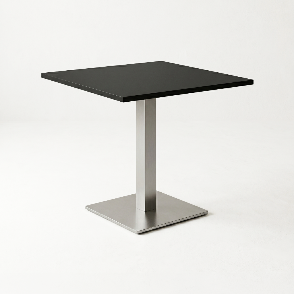 Modern rectangular metal table top with a single central pedestal leg and square base, photographed from a lower angle in a clean setting.