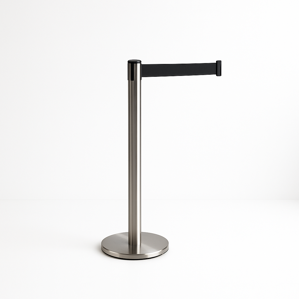 Polished stainless steel queue post with a black horizontal barrier arm extending to the right over a circular base