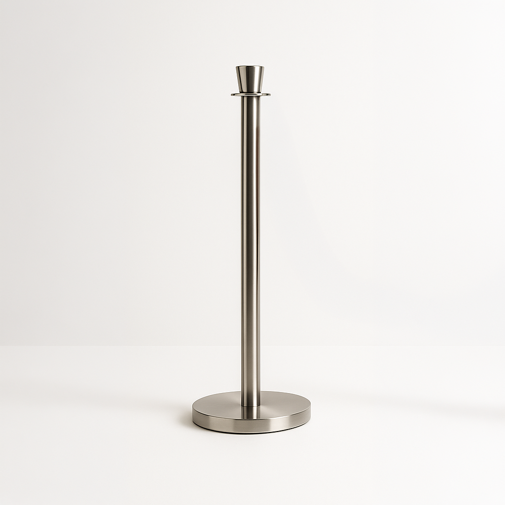 Stainless steel stanchion post with circular base, no belt attached, standing upright for queue control.