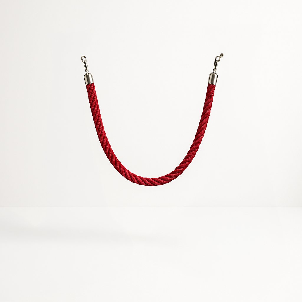Red braided cord necklace hanging in a U-shape with silver end caps against a white background