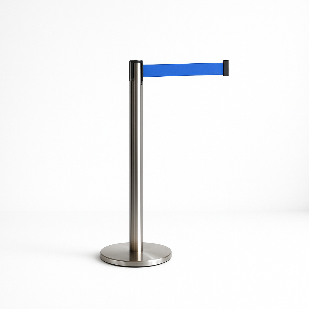 Stainless steel stanchion with a blue retractable belt extending to the right, for crowd control in a line.