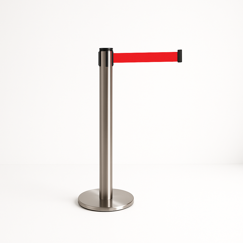 Stainless steel crowd control post with a red retractable belt extending to the right, used to form queues.