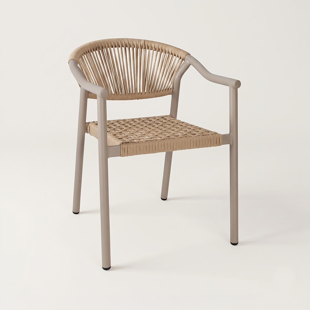 Beige woven chair with curved back and woven seat, metal legs, minimalist design.