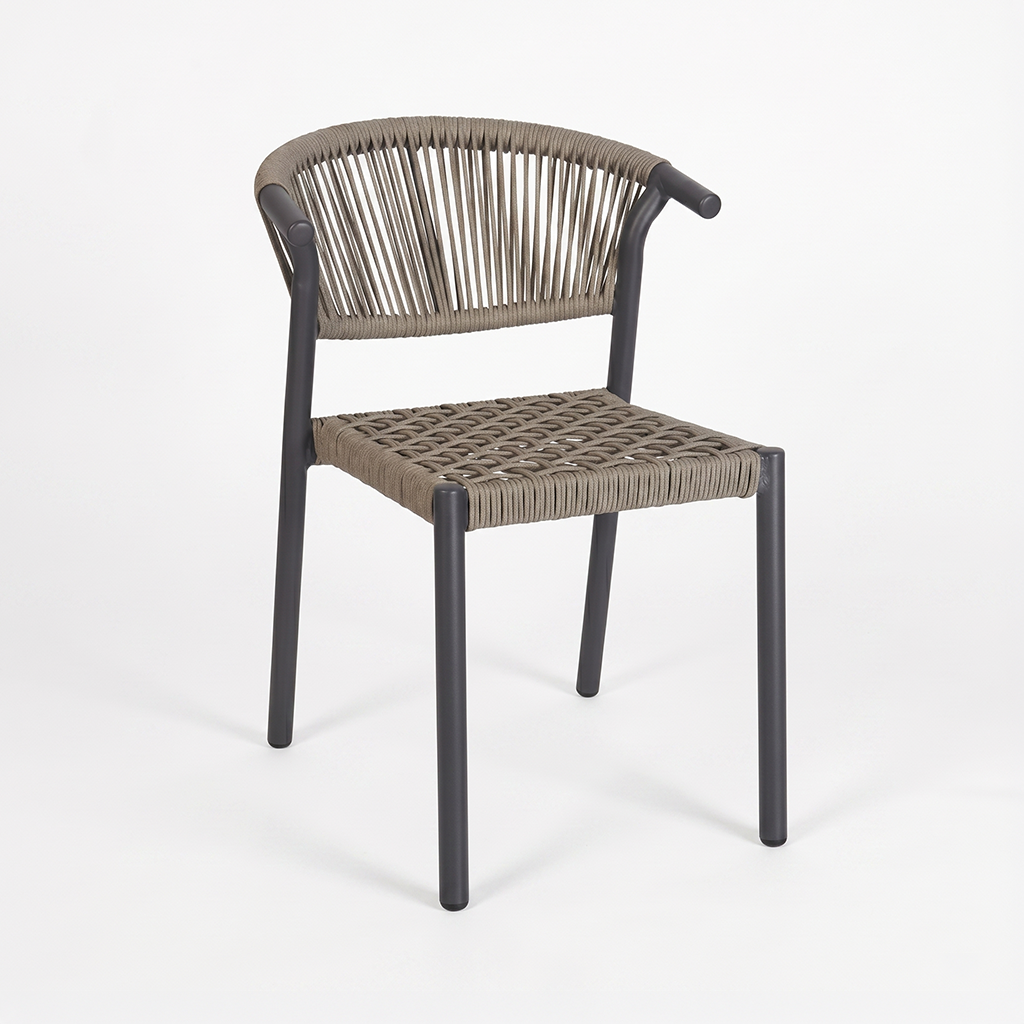 Woven outdoor chair with a dark metal frame and brown rope seat and backrest