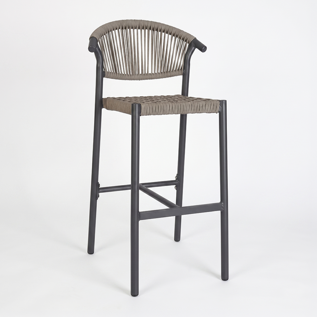 Bar-height chair with a dark metal frame and woven rope seat and backrest, including a footrest bar for support