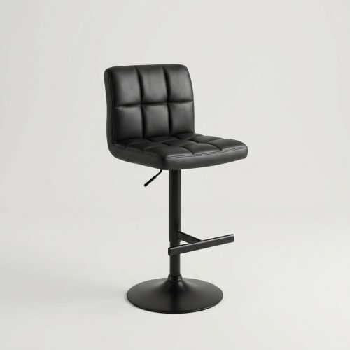Black leather office chair with tufted back and seat on a round base and central gas lift pedestal.
