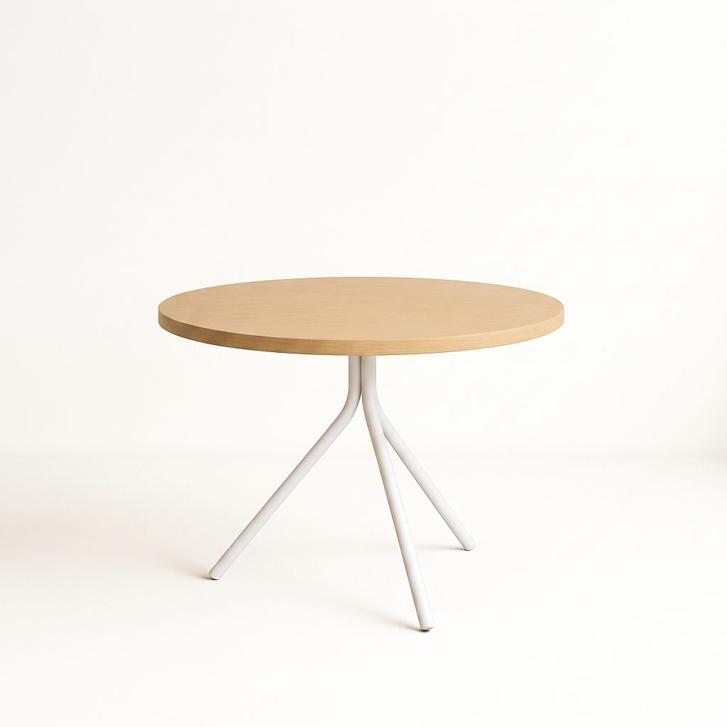 Round wooden table top with white curved legs, set against a pale wall background, minimal design.