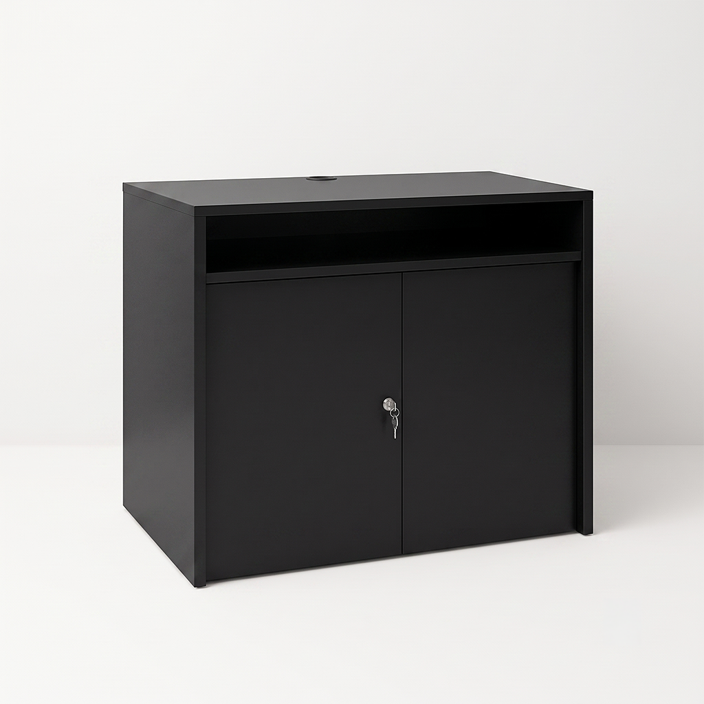 Black metal cabinet with a top open shelf and two locking doors at the bottom, set against a light backdrop