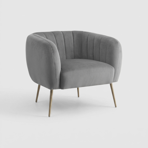 Grey plush armchair with curved back and gold tapered legs on a white background.